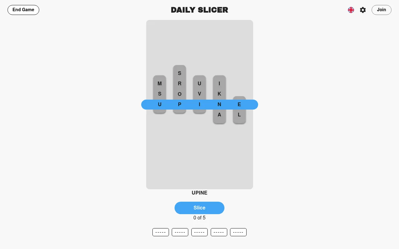 Today's Daily Slicer board on desktop: five grey letter columns of different lengths crossed by the blue Slicer bar, the Slice button and five empty word blanks, 0 of 5 found