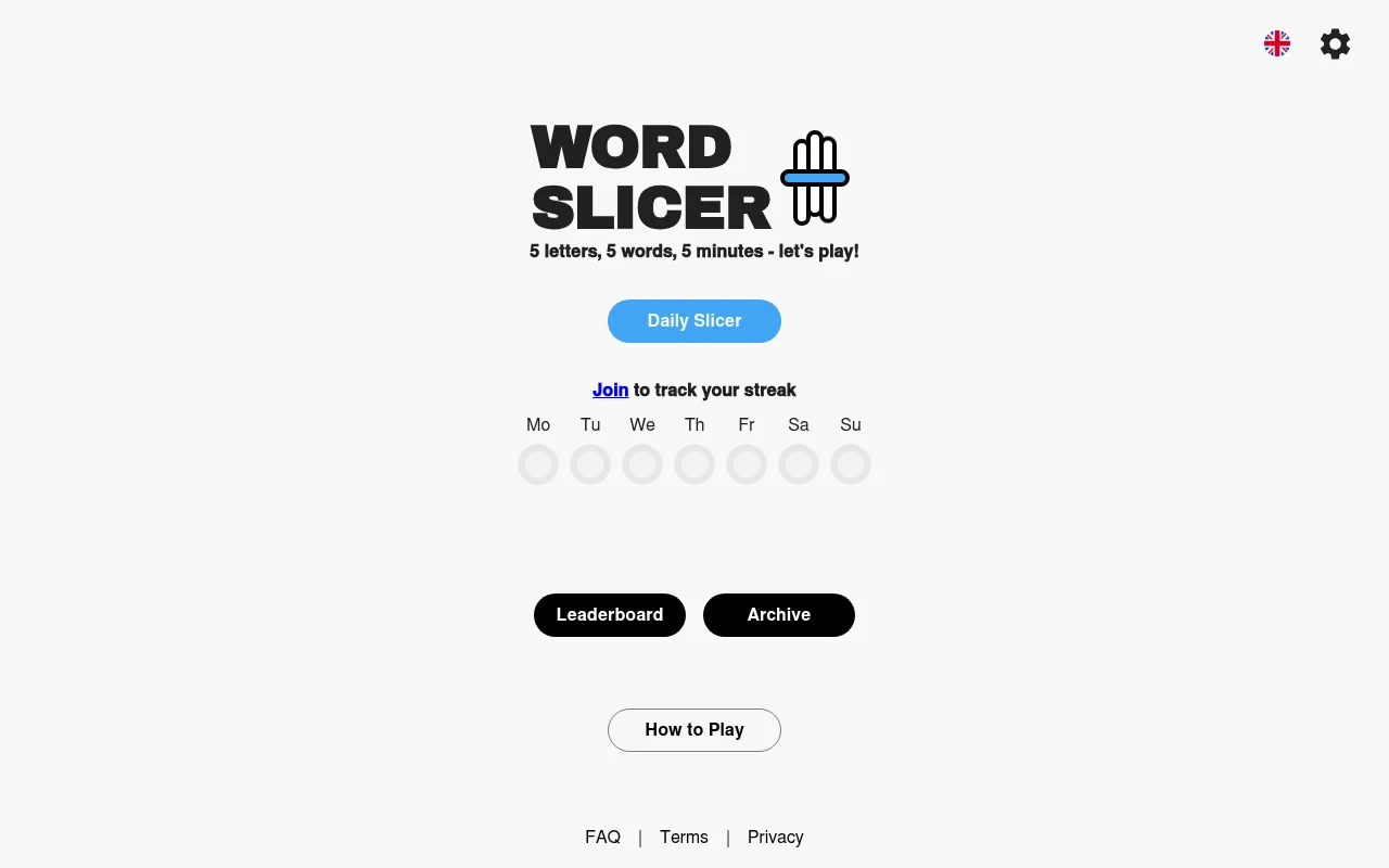 The Word Slicer home page: logo, 5 letters, 5 words, 5 minutes, a Daily Slicer button, a weekly streak row and Leaderboard and Archive buttons