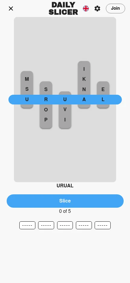 The Daily Slicer board at phone size: five letter columns under the blue Slicer bar, a wide Slice button and five blanks for the hidden words