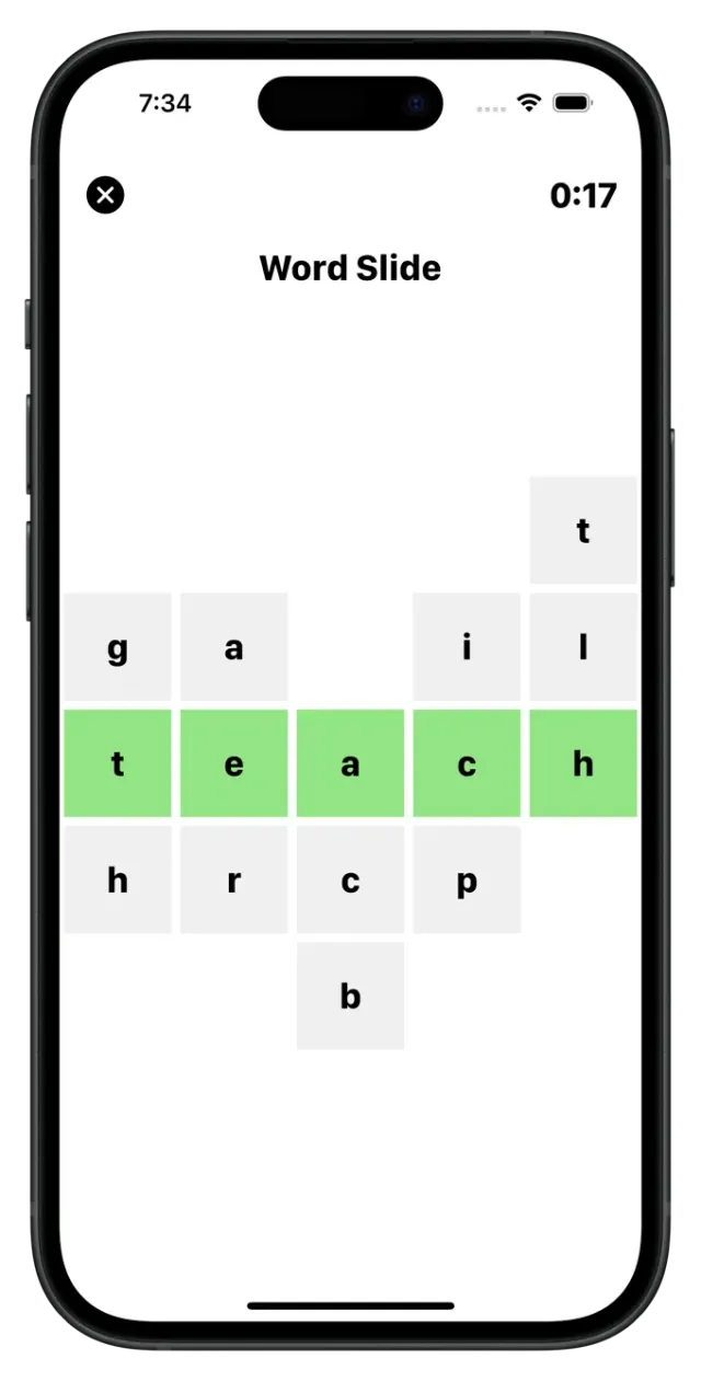 Word Slide on a phone: columns of letters with the middle row spelling TEACH in green tiles, other letters above and below, and a timer at 0:17