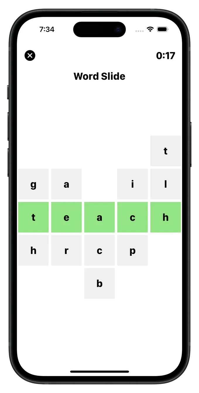 Word Slide on a phone: columns of letters with the middle row spelling TEACH in green tiles, other letters above and below, and a timer at 0:17