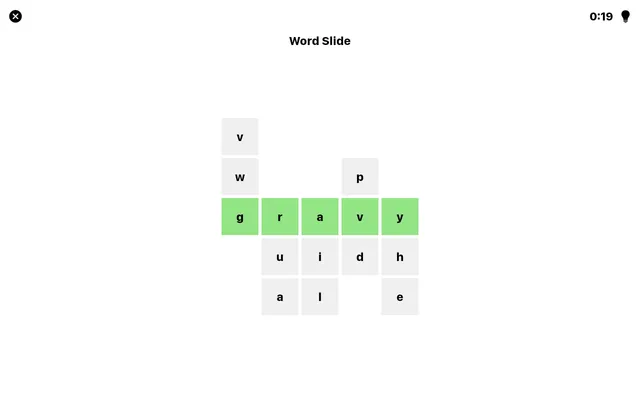 Word Slide board for 18 October 2026 in the browser: five letter columns with GRAVY spelled in green across the middle row and the timer at 0:19