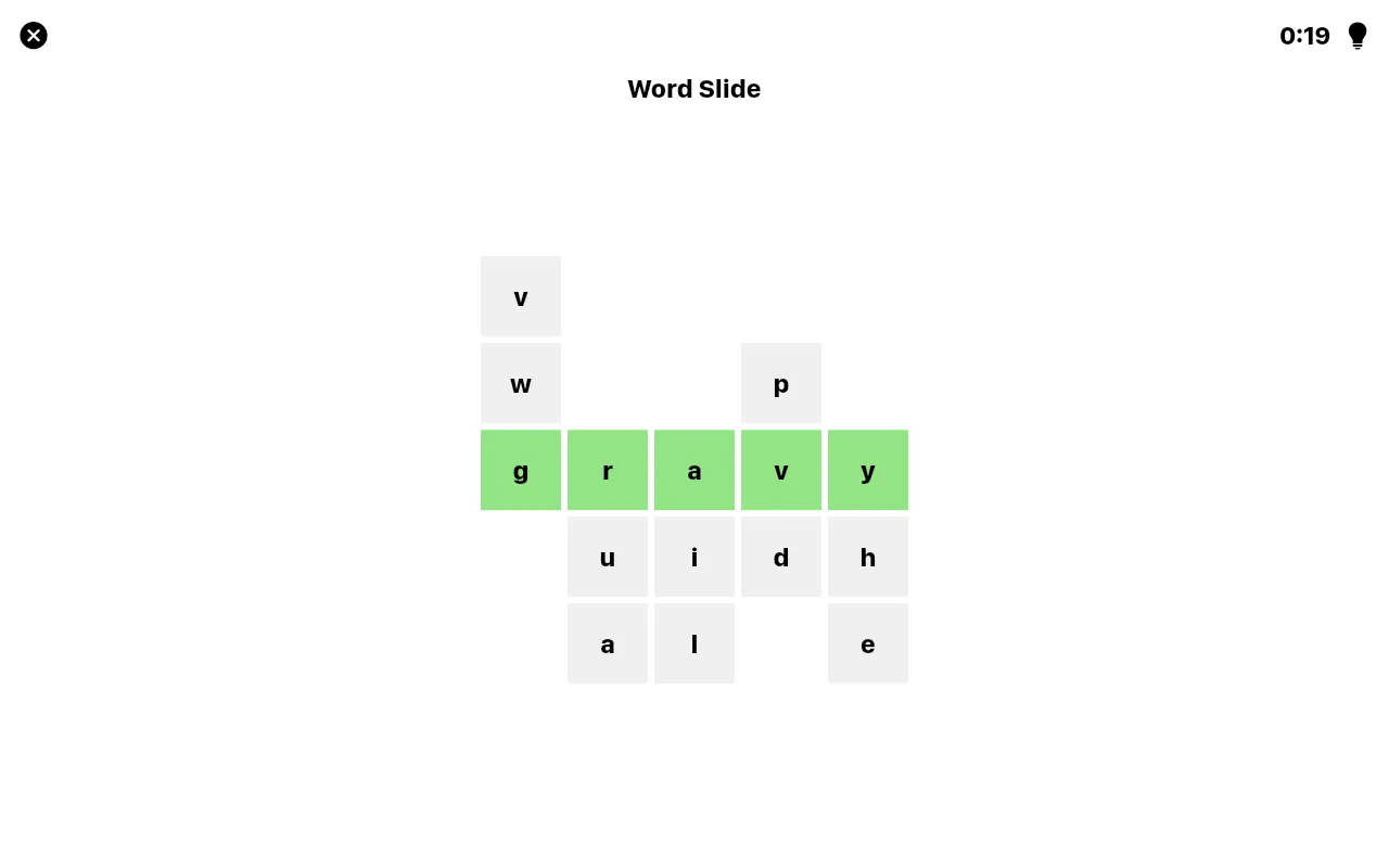 Word Slide board for 18 October 2026 in the browser: five letter columns with GRAVY spelled in green across the middle row and the timer at 0:19