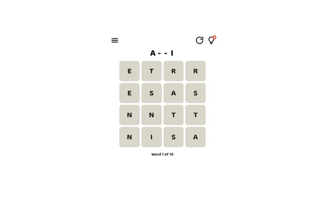 Word Snake's daily grid of sixteen letters with the clue A - - I above it and Word 1 of 10 below