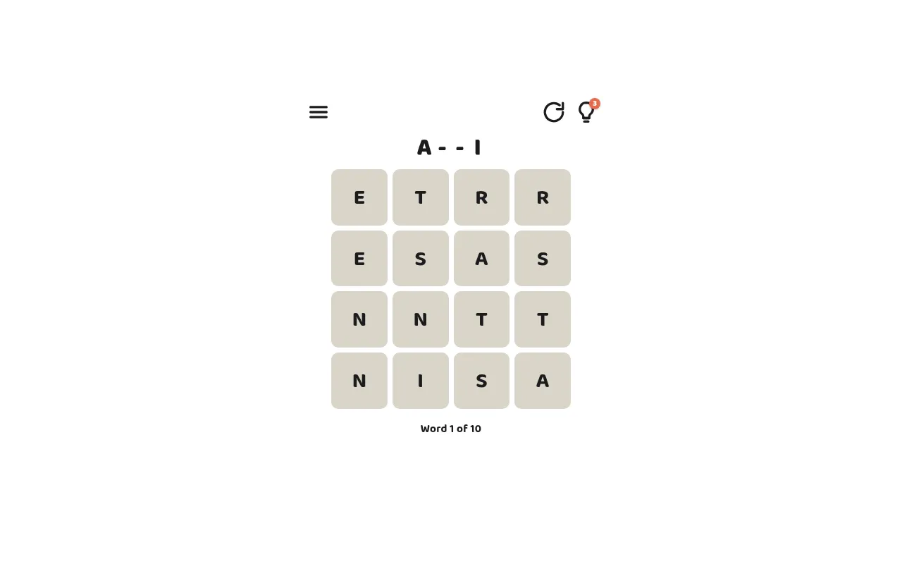 Word Snake's daily grid of sixteen letters with the clue A - - I above it and Word 1 of 10 below