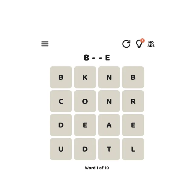 Word Snake's board for 19 October 2026: a four-by-four letter grid with the clue B - - E above it and Word 1 of 10 below