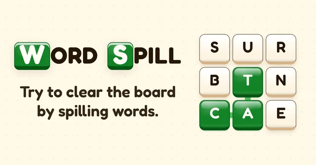 The Word Spill logo beside a three by three board of letter tiles with the word CAT traced in green