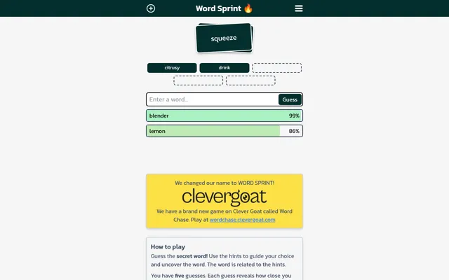 Word Sprint puzzle 983: hint card squeeze, hints citrusy and drink turned over, guesses lemon at 86% and blender at 99%