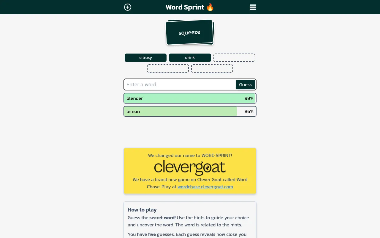Word Sprint puzzle 983: hint card squeeze, hints citrusy and drink turned over, guesses lemon at 86% and blender at 99%