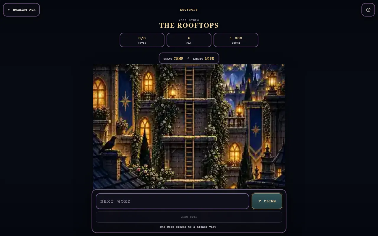 Word Steps for 7 Oct 2026: start CAMP, target LOSE, 0 of 8 moves, par 6, score 1,000, above a pixel-art rooftop scene and a Next word box with Climb