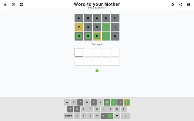Word to your Mother daily game #538: clue words ABASE and POSIT, the found answer UNPIN with its hint colours, and two answers still to find