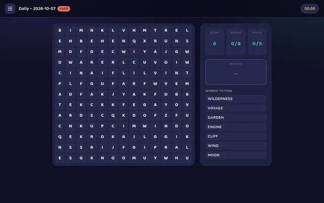Word Trail's Daily for 2026-10-07 on Hard: a 13 by 13 letter grid beside the list Wilderness, Voyage, Garden, Engine, Cliff, Wind, Moon, with 0/8 words and 0/5 bonus