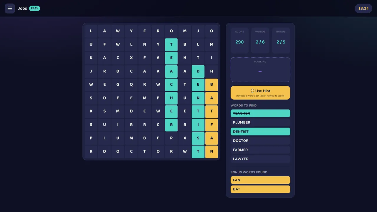 A Word Trail Jobs level on Easy: teacher and dentist found in teal, the bonus words fan and bat in yellow, with the hint button and the list of words to find