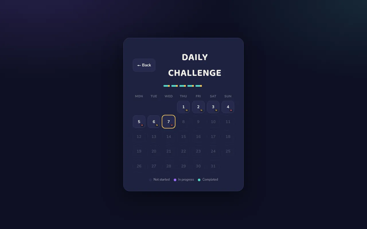 Word Trail's Daily Challenge calendar for October, each day up to the 7th marked E, N or H for its difficulty