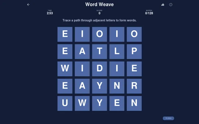 Word Weave puzzle in play: a 5 by 5 grid of letters with the timer at 2:53, score 0 and words 0/128, and the instruction Trace a path through adjacent letters to form words
