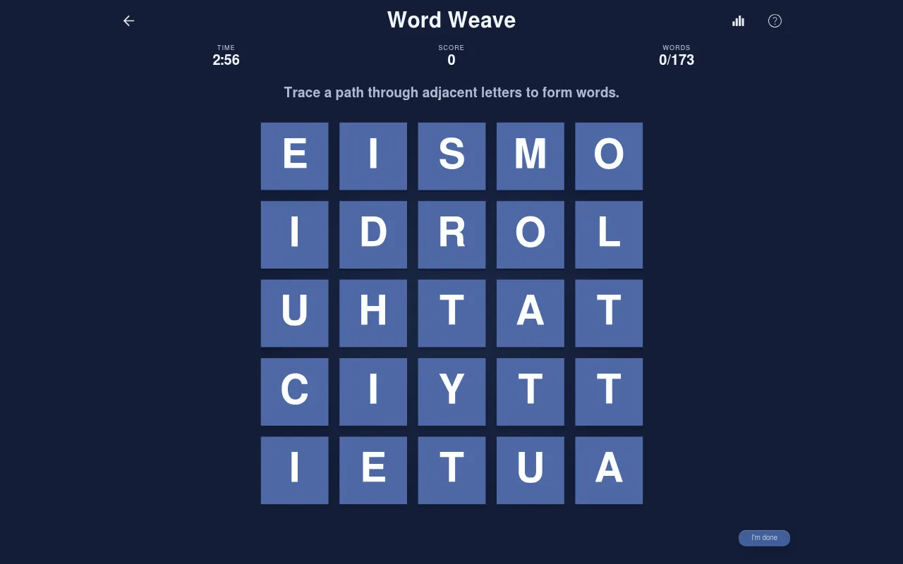 Word Weave at the start of the 27 October 2026 daily: a 5 by 5 grid of letters, time 2:56, score 0 and 0 of 173 words found