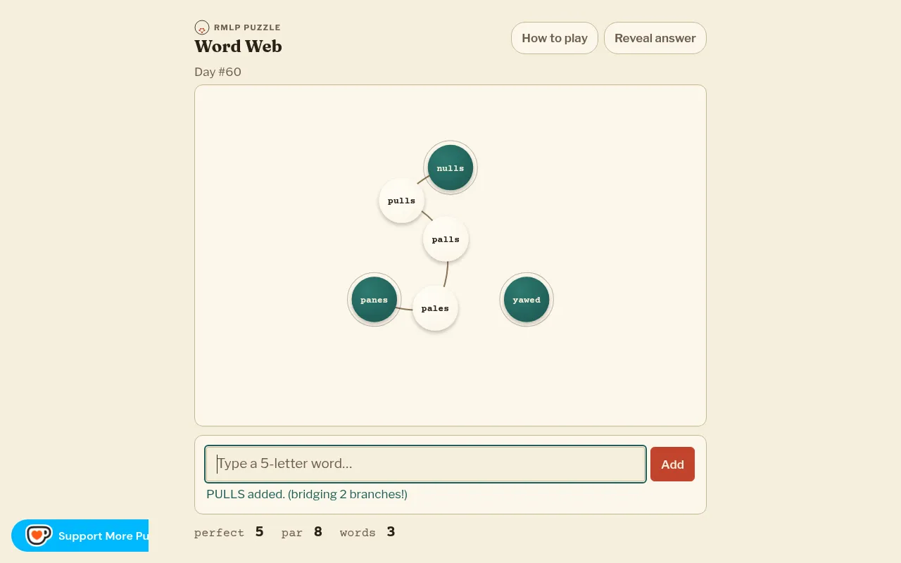 Word Web Day #60 being played: pales, palls and pulls join the starting words panes and nulls, with yawed still apart; perfect 5, par 8, words 3