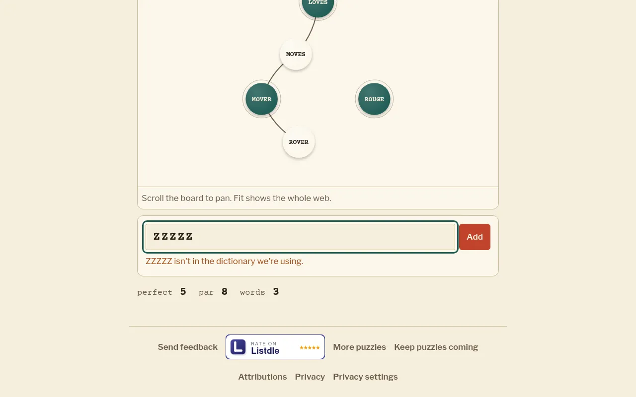 Word Web Day #68 being played: moves links mover to loves, rover branches off, rouge still apart; perfect 5, par 8, words 3, and a not-in-dictionary note