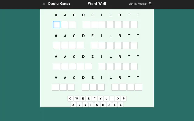 The Word Weft board: the letters A A C D E I L R T T above four rows of empty boxes in 3 and 7, 4 and 6, 5 and 5, and 3, 3 and 4 letter groups
