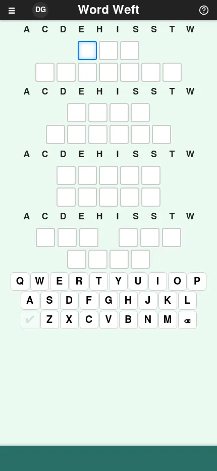 Word Weft at phone size: the four rows of empty boxes under the letters A C D E H I S S T W, with the on-screen keyboard below