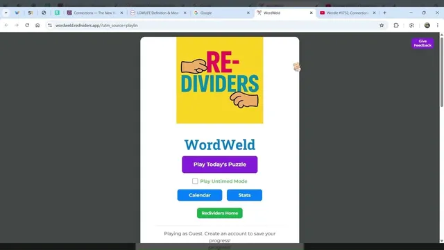 WordWeld start screen with the Redividers logo, Play Today's Puzzle, Untimed Mode, Calendar and Stats buttons
