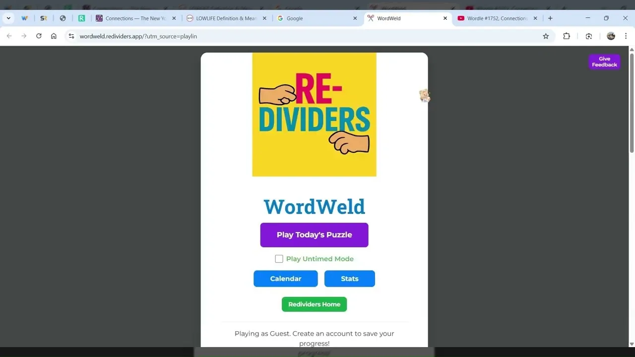 WordWeld start screen with the Redividers logo, Play Today's Puzzle, Untimed Mode, Calendar and Stats buttons