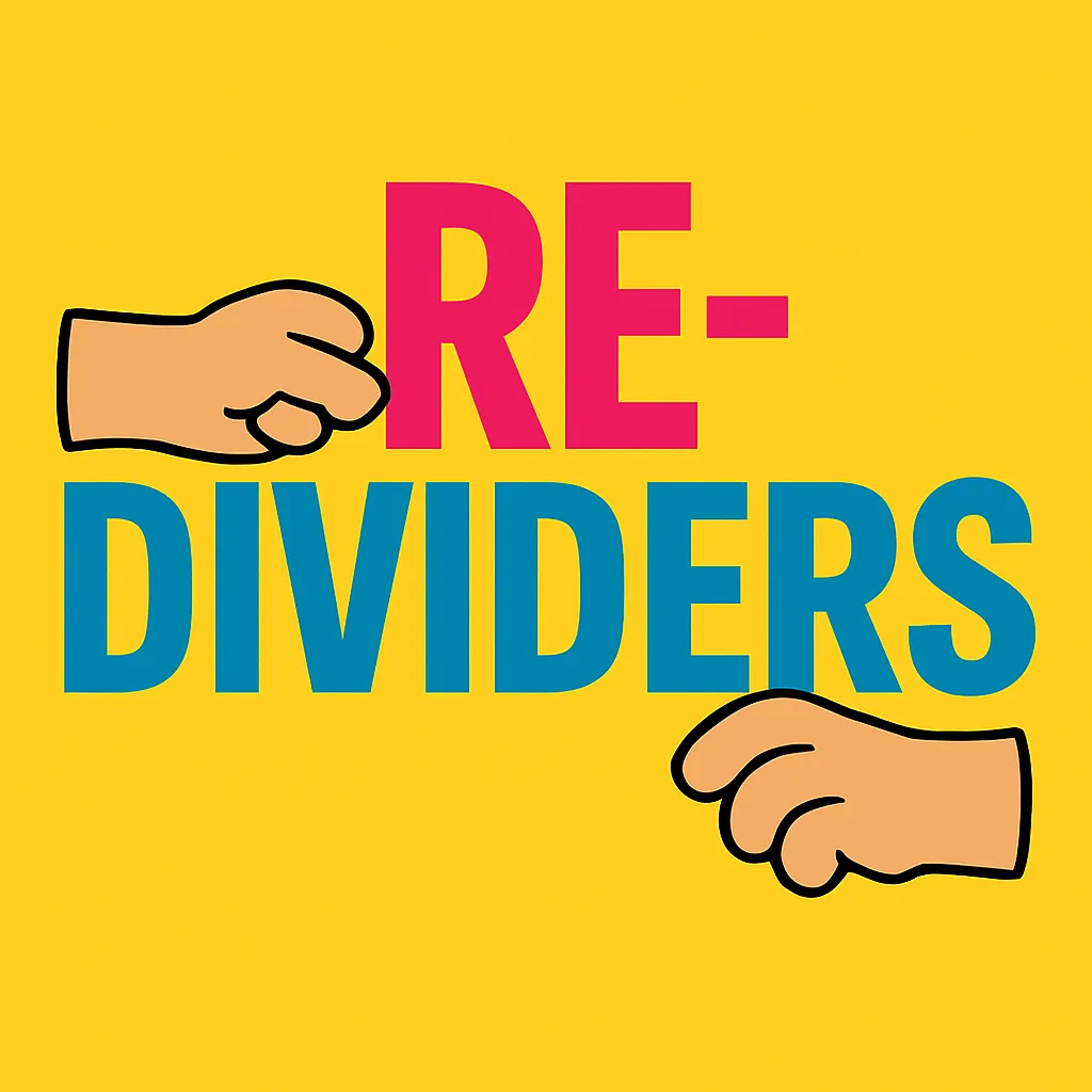 Redividers logo: two cartoon hands pulling apart the word Re-dividers