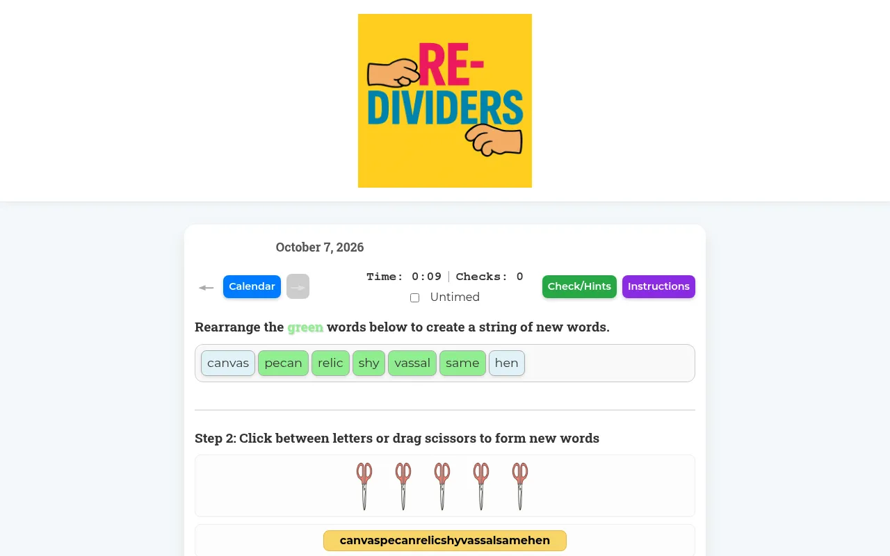 WordWeld for 7 October 2026: the words canvas, pecan, relic, shy, vassal, same and hen to rearrange, five scissors to place, and the joined letter string below