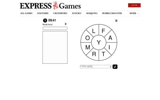 The Express Word Wheel board: nine letters around a wheel with Y in the centre, a timer and an empty list of words found