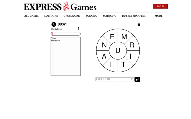 Express Word Wheel on 26 October 2026: nine letters with U in the centre, the clock at 09:41 and the words Miniature and Tuna in the list
