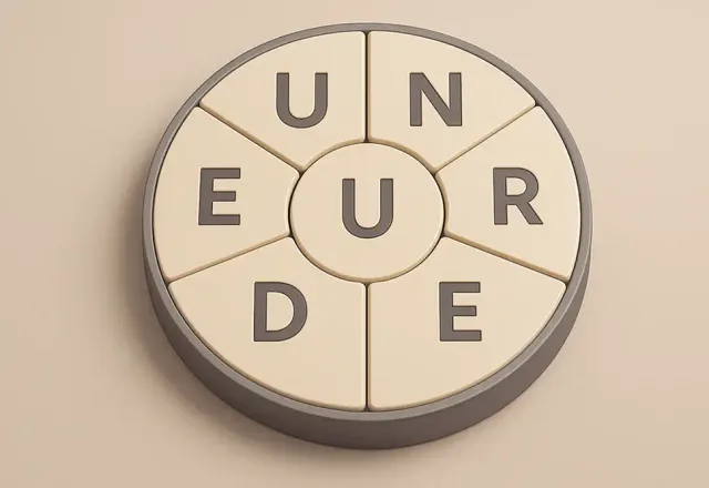 A word wheel of letter tiles with U at the centre