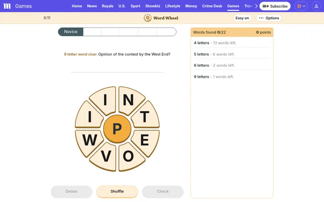 Daily Mail Word Wheel for 7 October 2026 in play: the nine-letter wheel I N T E O V W I around a centre P, the clue Opinion of the contest by the West End?, and the word list with 0 of 22 found