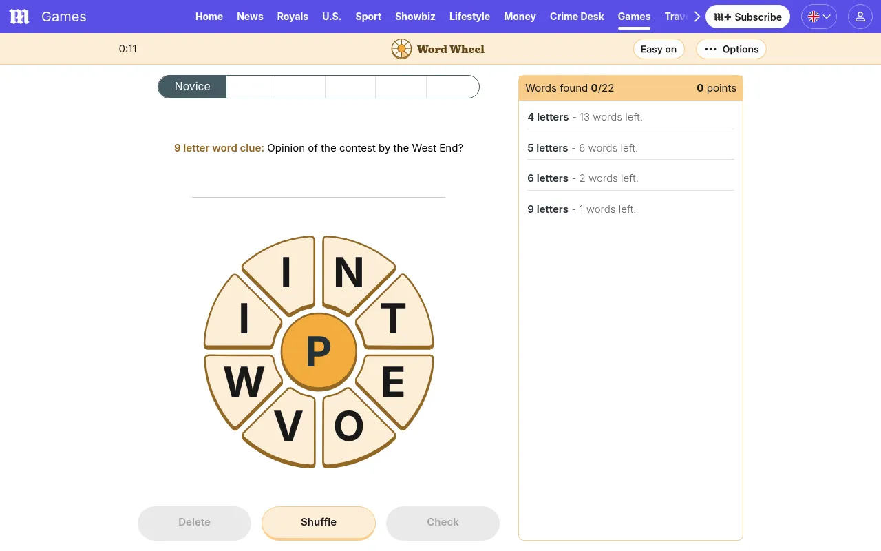 Daily Mail Word Wheel for 7 October 2026 in play: the nine-letter wheel I N T E O V W I around a centre P, the clue Opinion of the contest by the West End?, and the word list with 0 of 22 found