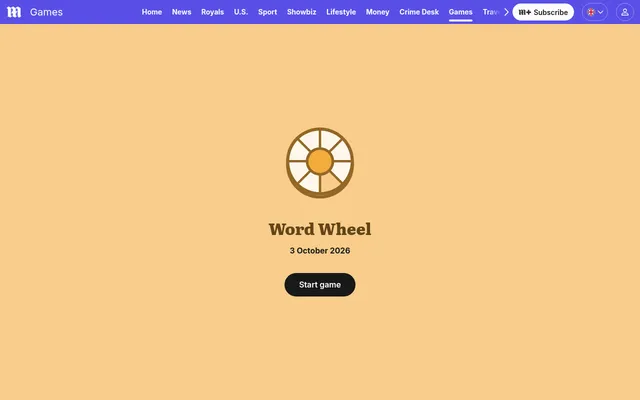 The Word Wheel start screen on the Daily Mail games page: the game's own icon and name, the date 3 October 2026 and a button to start the day's puzzle