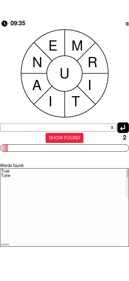 The same day's Mirror Word Wheel on a phone, with TRUE and TUNE in the found words list below the wheel