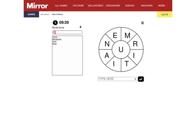 The Mirror Word Wheel for 26 October 2026 on a desktop: U in the centre, E M R I T I A N around it, four words found and 9:39 left on the clock