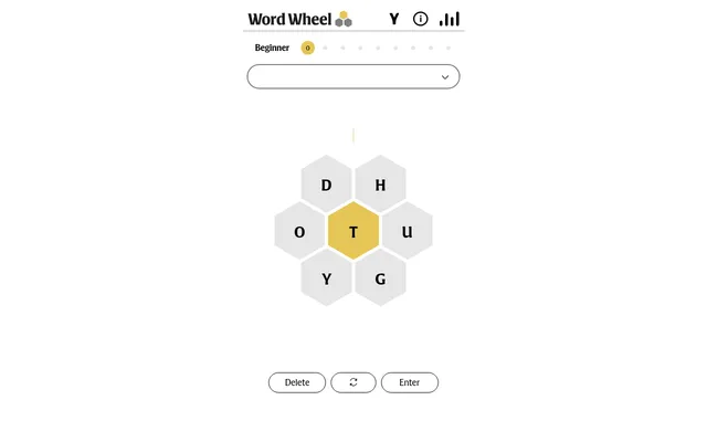 Word Wheel board: seven hexagon tiles with a yellow centre T among D, H, O, U, Y and G, the Beginner rank bar above and Delete, shuffle and Enter buttons below