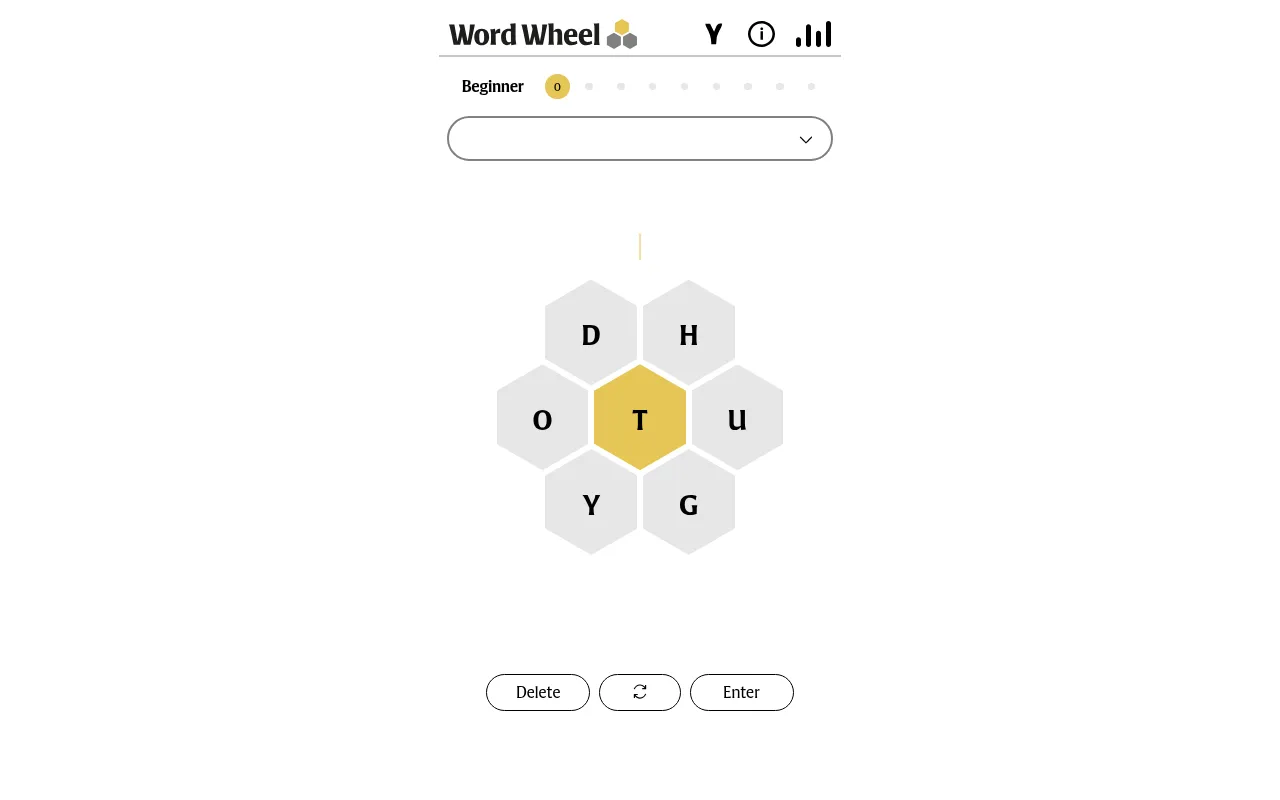 Word Wheel board: seven hexagon tiles with a yellow centre T among D, H, O, U, Y and G, the Beginner rank bar above and Delete, shuffle and Enter buttons below