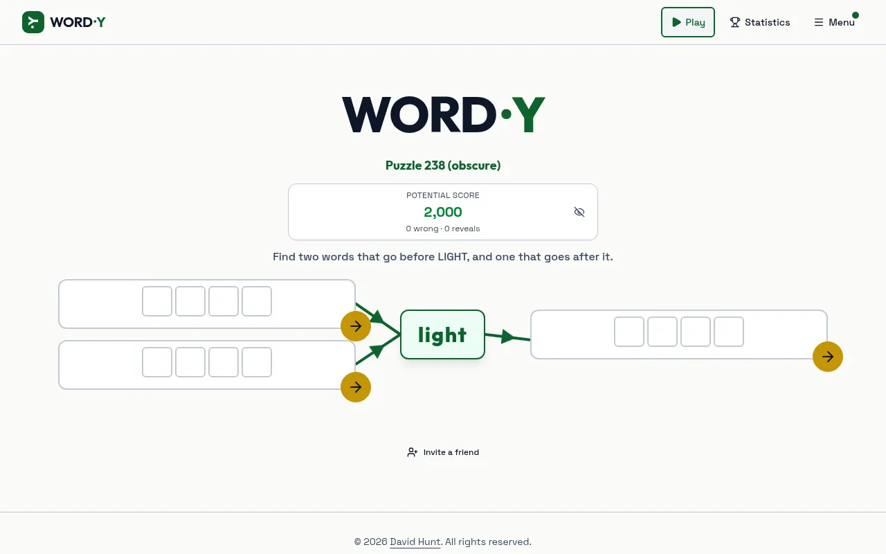 WORD·Y puzzle 238 on desktop: the link word light in the centre, two four-letter answers before it and one after it, with the potential score above