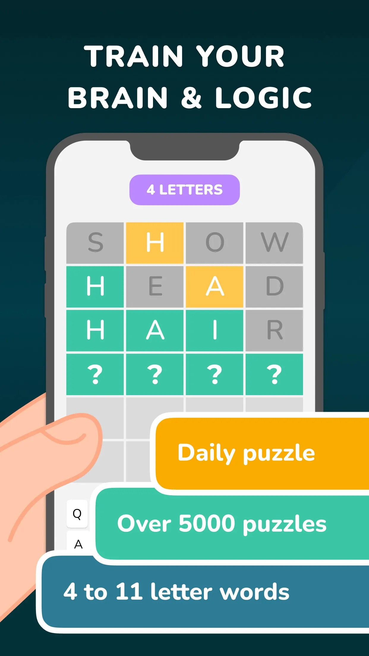 Word Yoga store picture: a 4-letter board with guesses SHOW, HEAD and HAIR in green, yellow and grey tiles, labelled Daily puzzle and Over 5000 puzzles