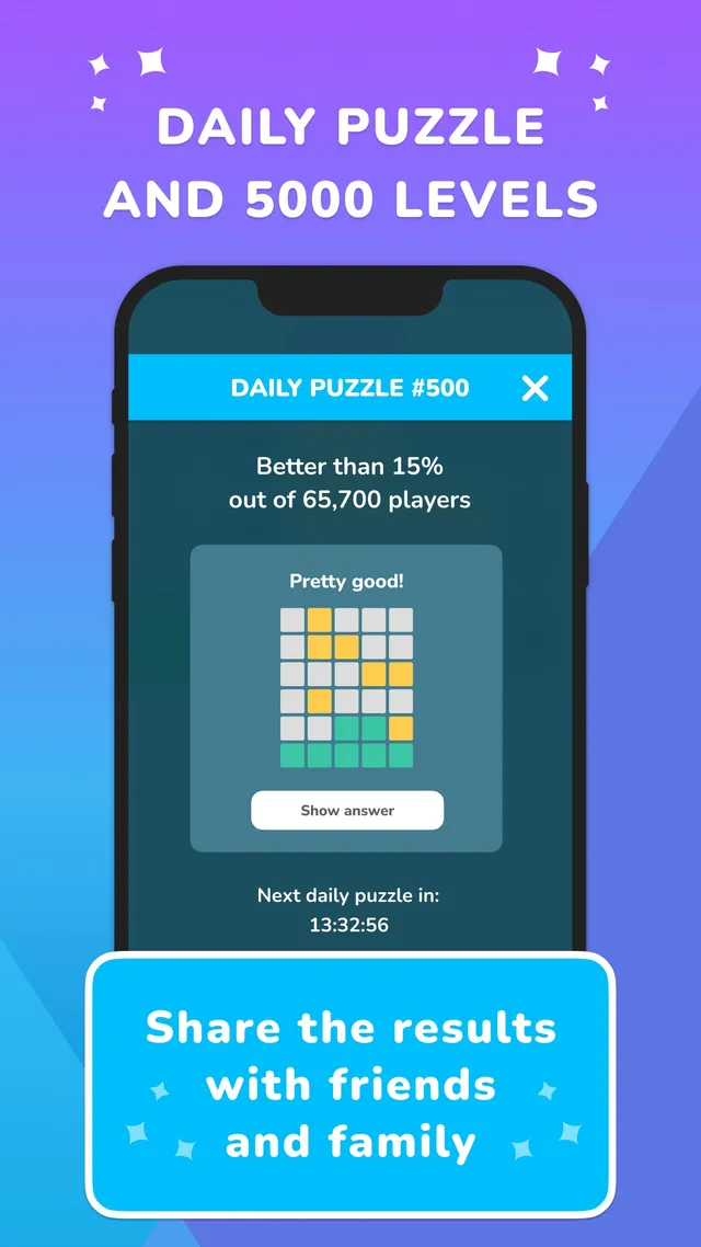 Word Yoga store picture: Daily Puzzle #500 result screen, 'Better than 15% out of 65,700 players', a coloured guess grid and the countdown to the next daily puzzle