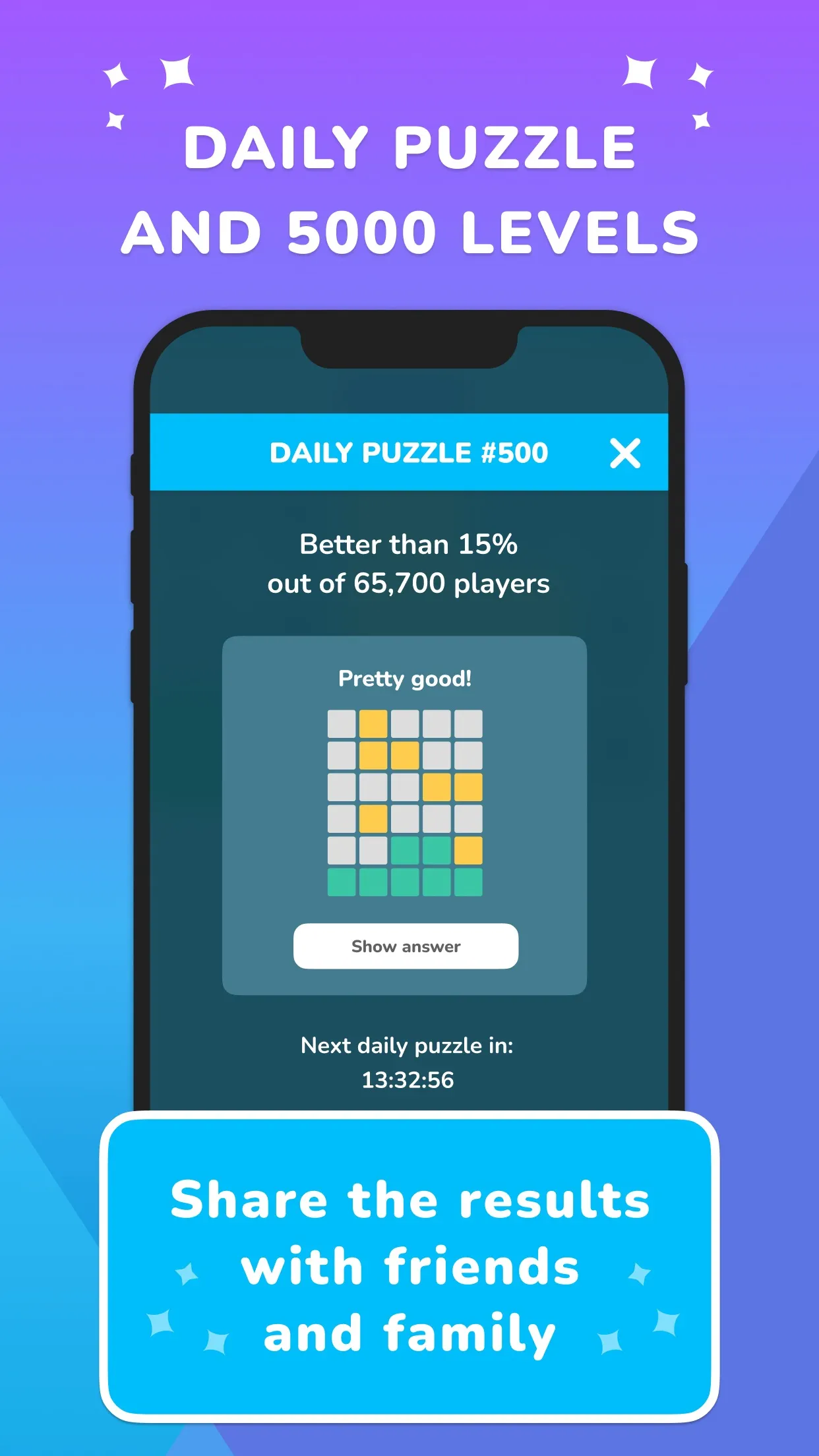 Word Yoga store picture: Daily Puzzle #500 result screen, 'Better than 15% out of 65,700 players', a coloured guess grid and the countdown to the next daily puzzle
