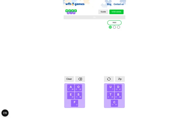 Word Zip puzzle at the start: two pools of five purple letter tiles (A, O, E, S, F and U, D, T, B, C) with small counts on each tile, Clear, delete, shuffle and Zip buttons, a Hint button and a 0/59 w