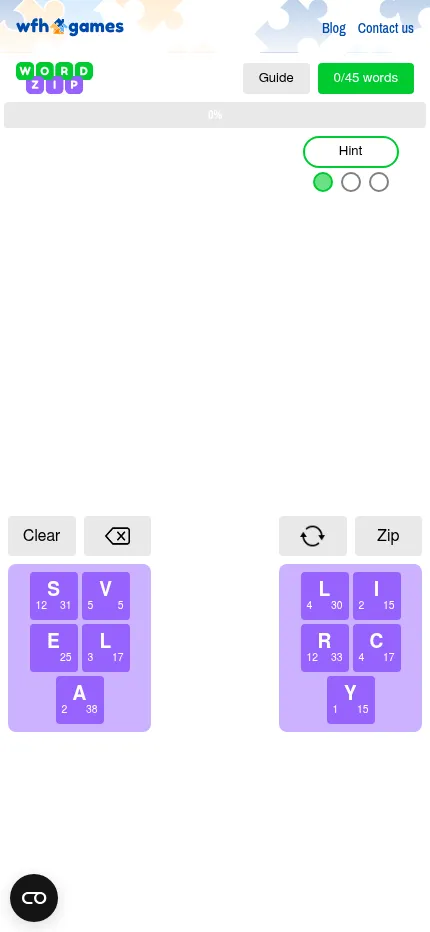Word Zip at phone size: the same two letter pools side by side under the Clear, delete, shuffle and Zip buttons, with the word counter and Hint button above