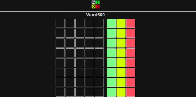 An empty Word500 board with green, yellow and red count columns beside each row