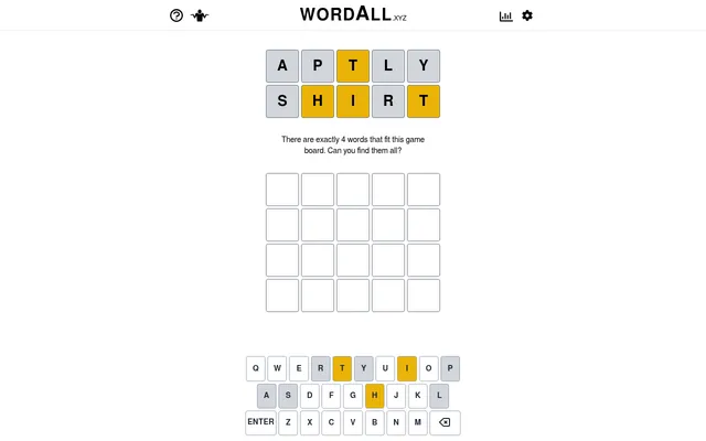 WordAll daily board: the clue rows APTLY and SHIRT with T, H, I and T in yellow, the line There are exactly 4 words that fit this game board, four empty answer rows and a keyboard