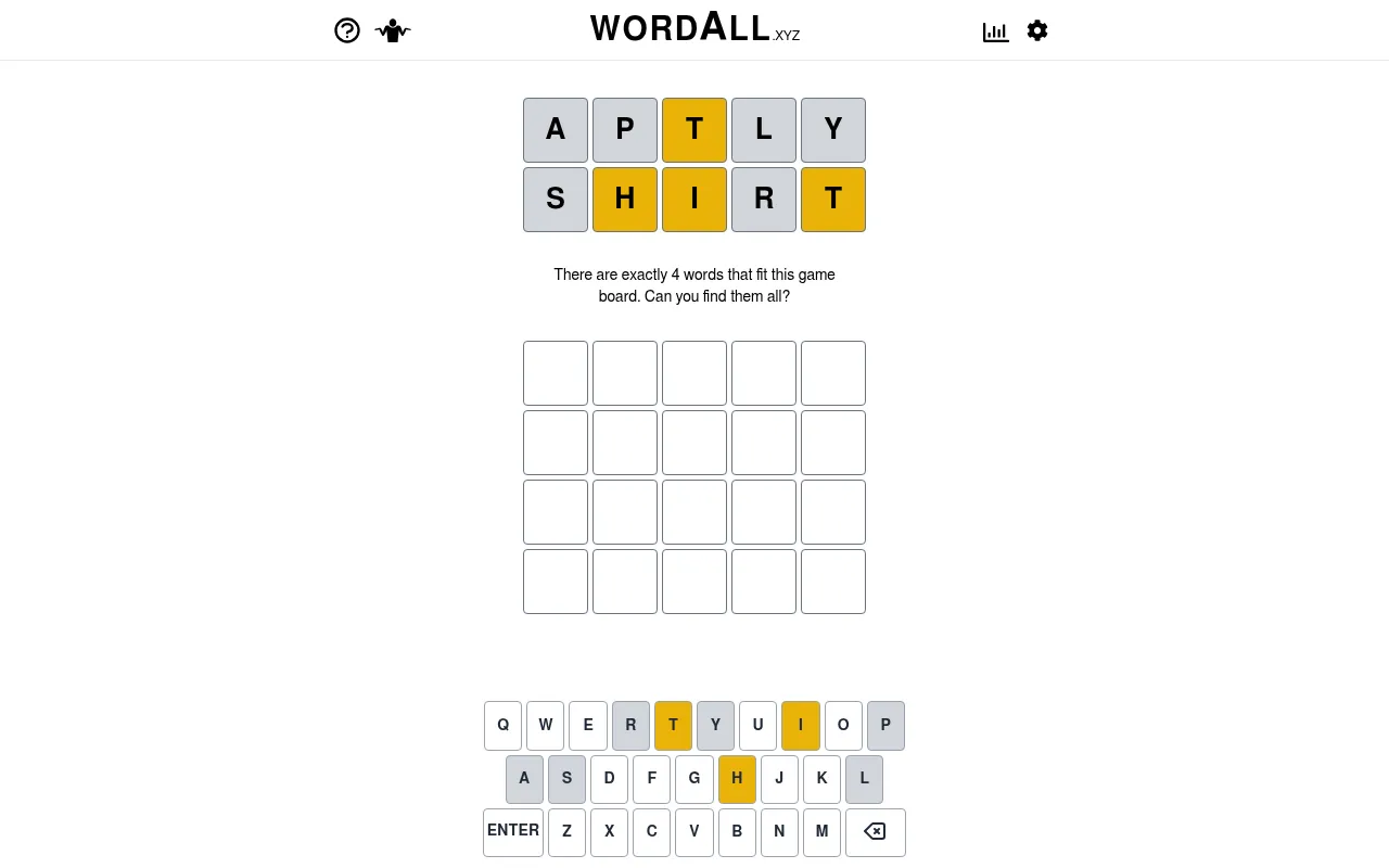 WordAll daily board: the clue rows APTLY and SHIRT with T, H, I and T in yellow, the line There are exactly 4 words that fit this game board, four empty answer rows and a keyboard