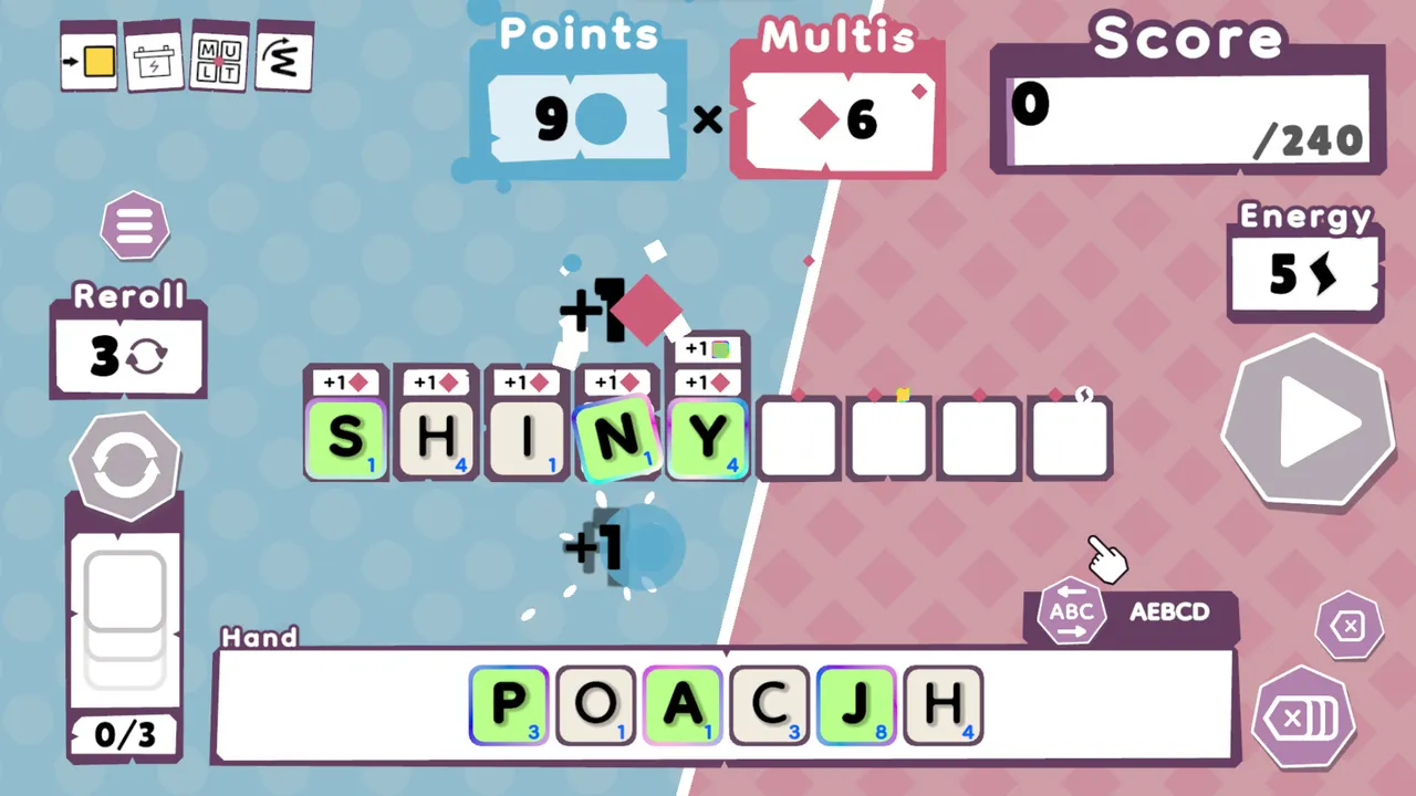 Wordatro! gameplay: letter tiles with point values and a target score