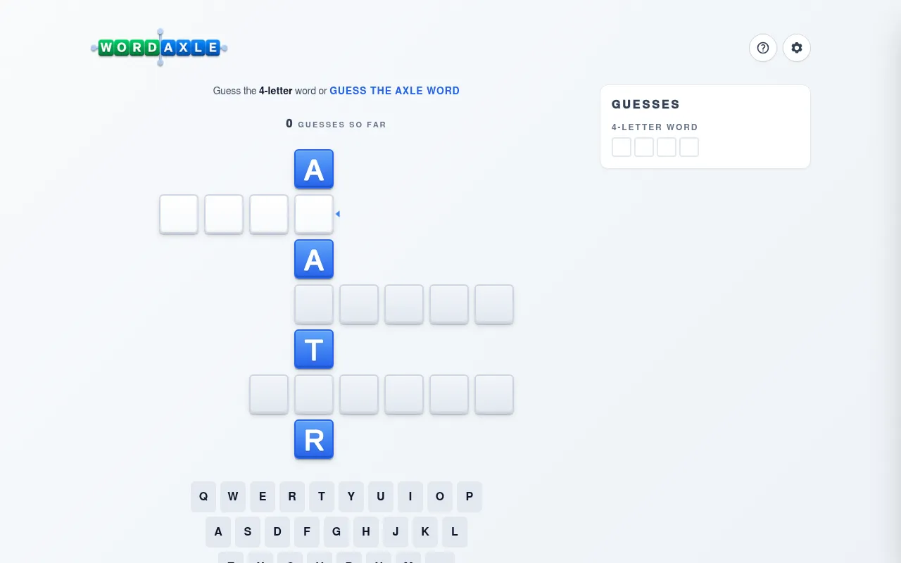 WordAxle's daily board for 6 October 2026 before any guess: a vertical axle showing A, A, T and R, with empty rows for the four, five and six-letter words, a guess counter at 0 and the on-screen keybo