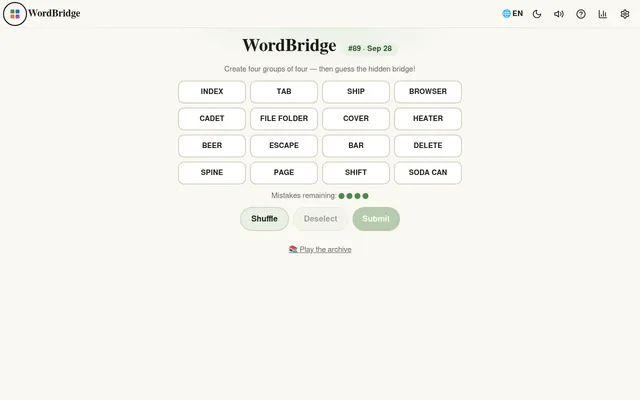 WordBridge #89 on Zalize for September 28: a four by four grid of words including Index, Tab, Ship, Browser, Spine and Soda Can, with four mistakes remaining and Shuffle and Submit buttons
